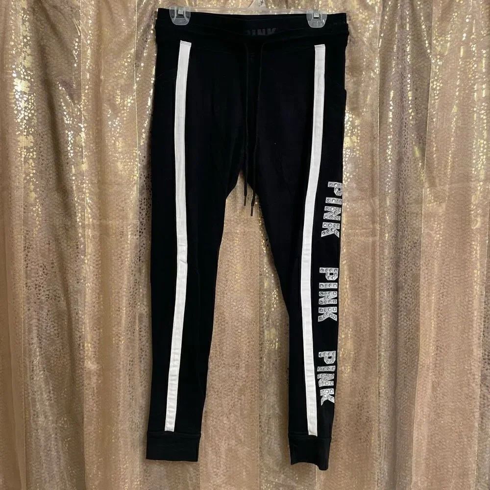 PINK Victorias Secret Black White Rhinestone Bling Joggers, Medium